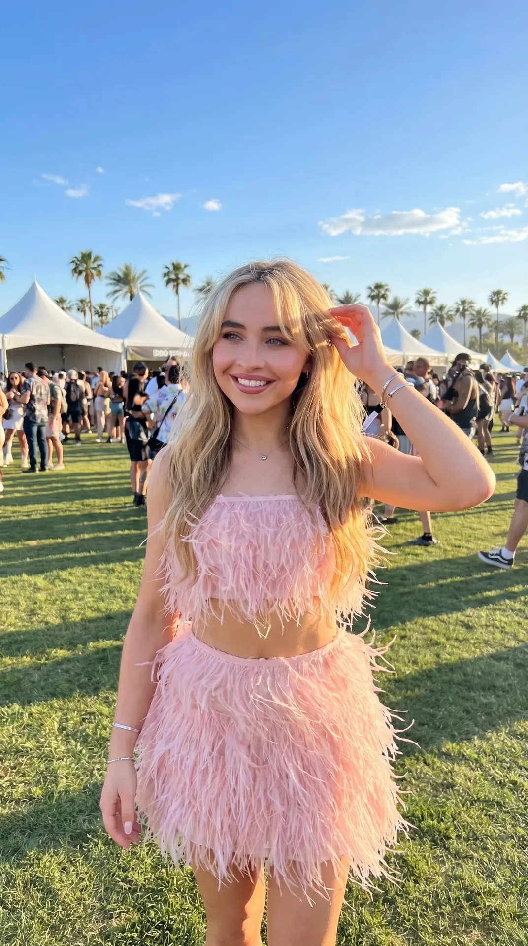 Feathered Festival Outfit Grassy Field Palm Trees