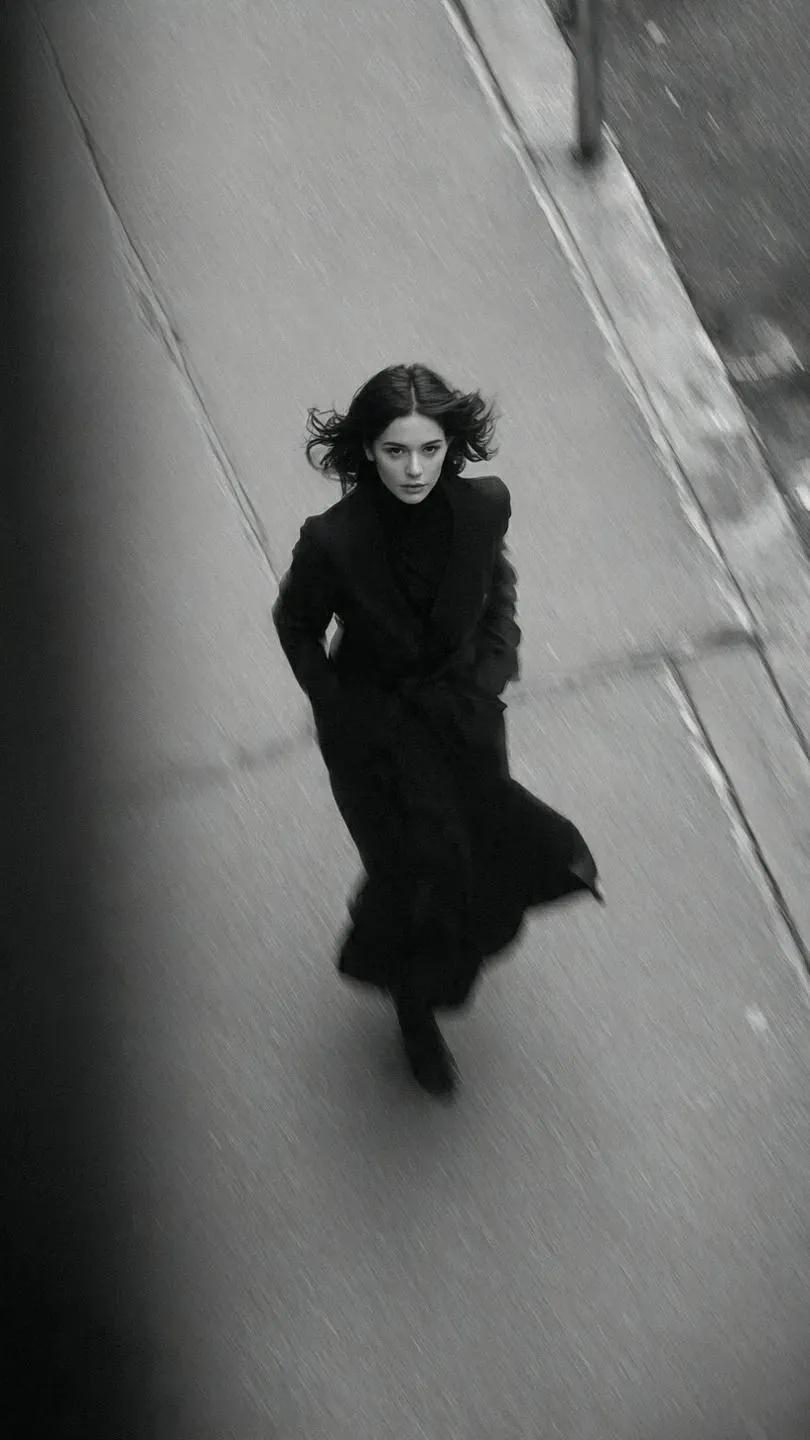 A woman with dark hair walking alone down the street, her coat flowing in the wind, captured from an above perspective.