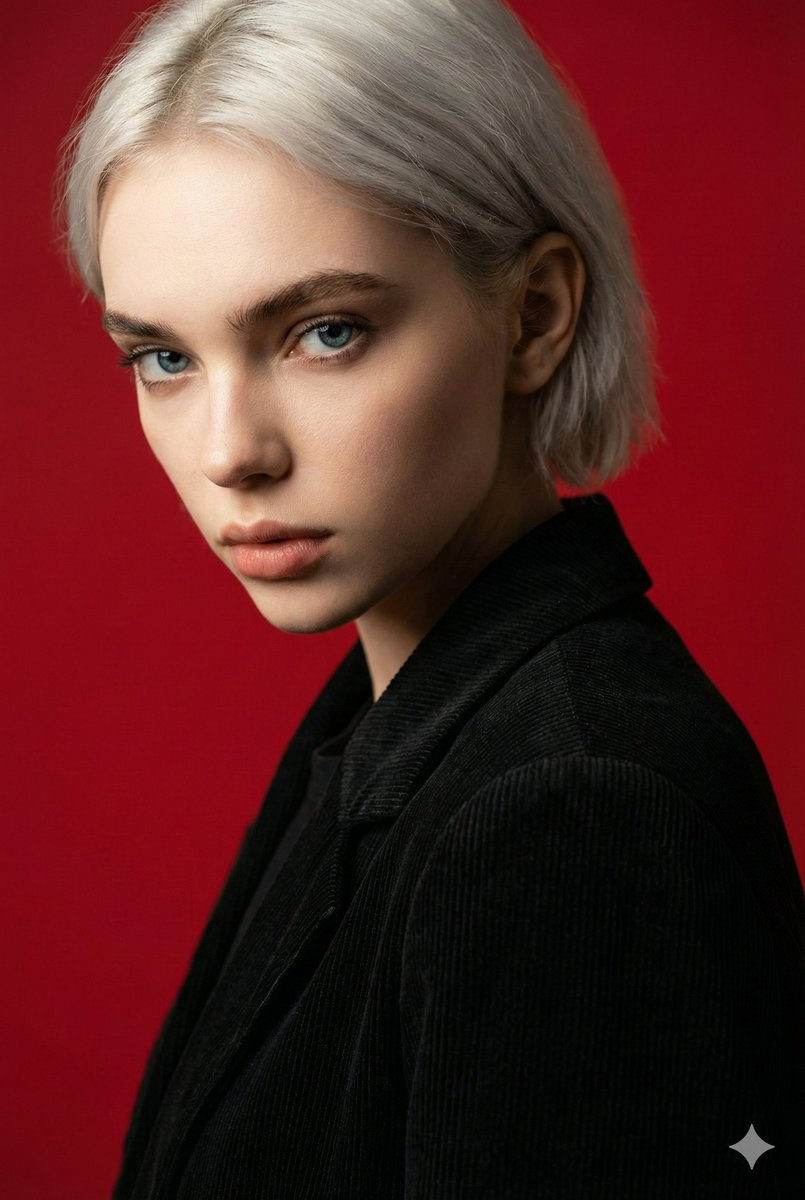 A cinematic portrait featuring an intense gaze with a solid red background.