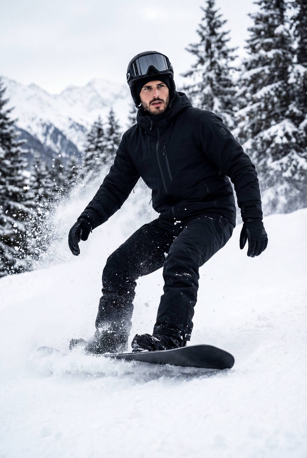 An ultra-realistic, cinematic portrait of a snowboarder mid-ride on a snowy slope, cutting through fresh powder with a dramatic alpine backdrop.