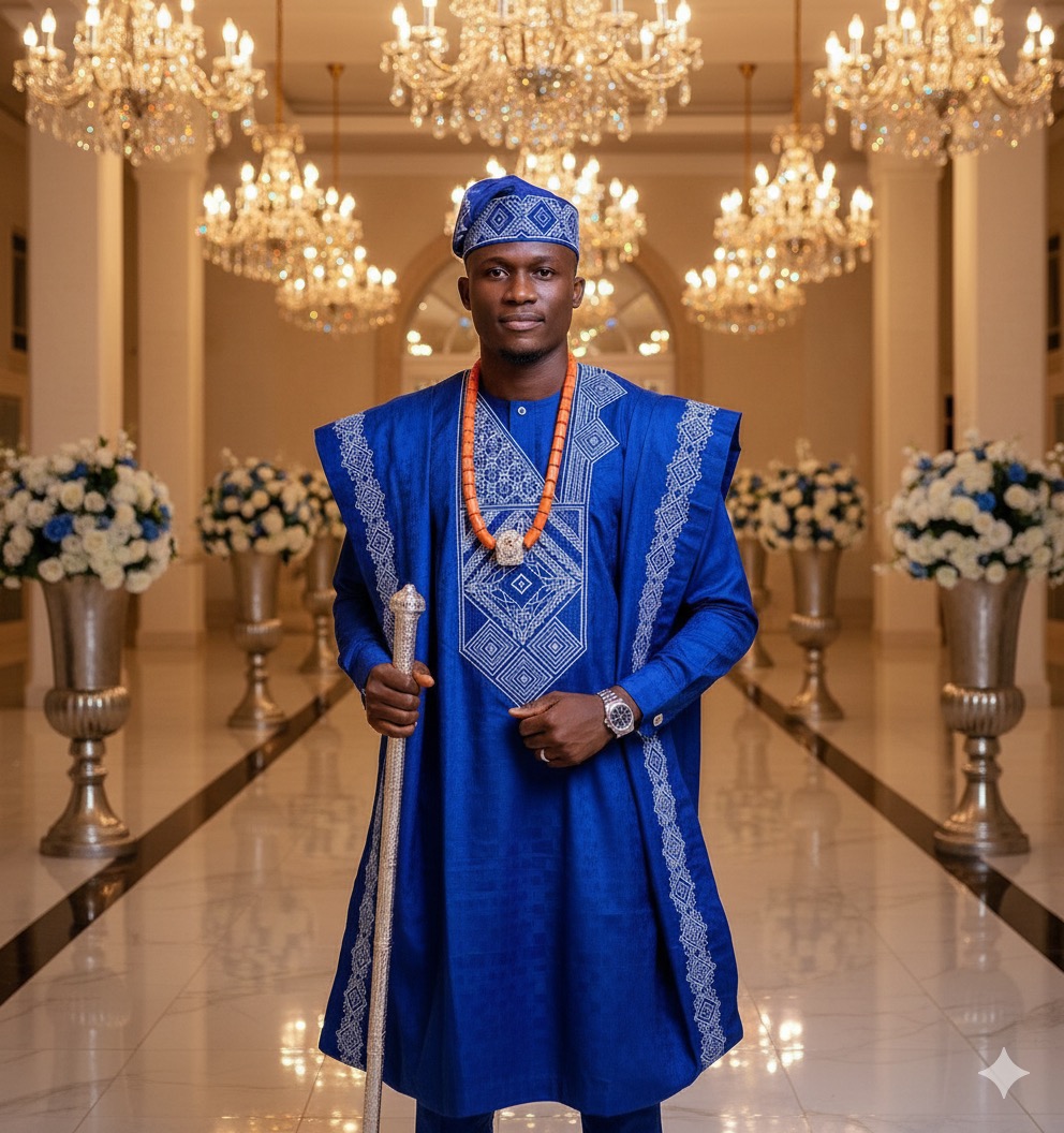 Portrait d'un homme africain en agbada bleu richement brodé dans une salle luxueuse sous des lustres.