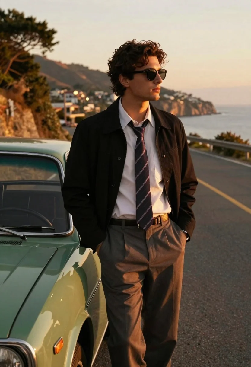 Handsome Man With Dark Wavy Hair Stands Confidently Next Vintage