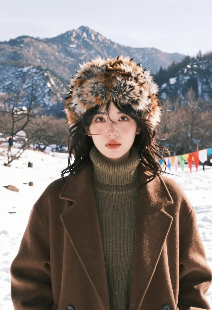 A young woman with dark wavy hair wearing a fur hat, standing majestically in a snowy mountain landscape, bathed in soft daylight.
