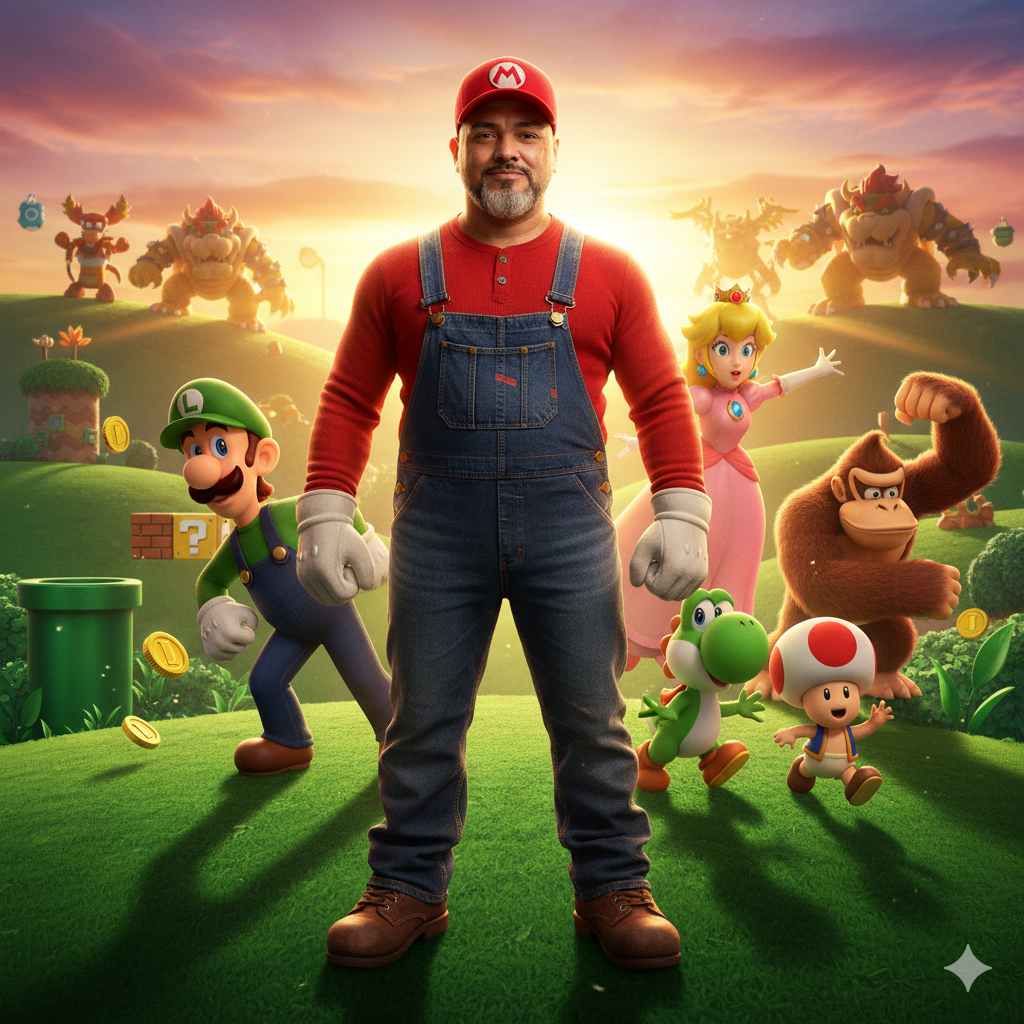Ultra-realistic portrait of a young man in a Mario outfit surrounded by 3D Mario Bros characters in a vibrant Mushroom Kingdom setting.
