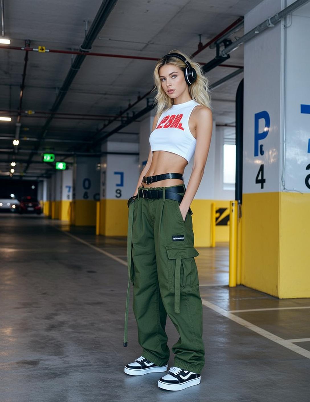 Blonde Woman White Crop Top Green Cargo Pants Parking Garage