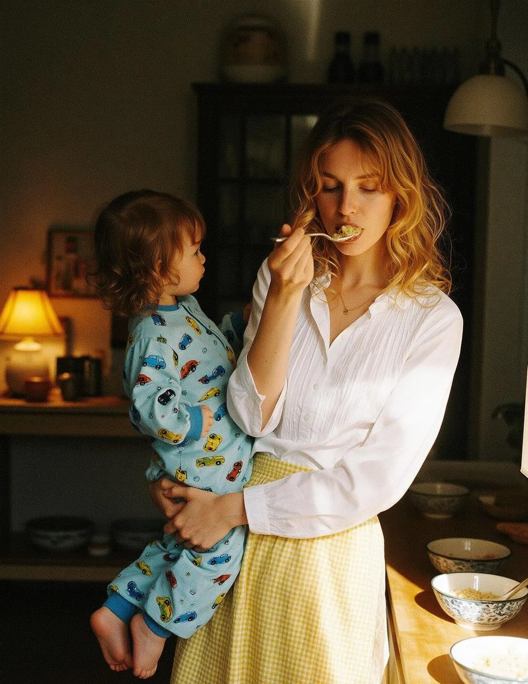 Mom Feeding Toddler White Shirt Yellow Apron