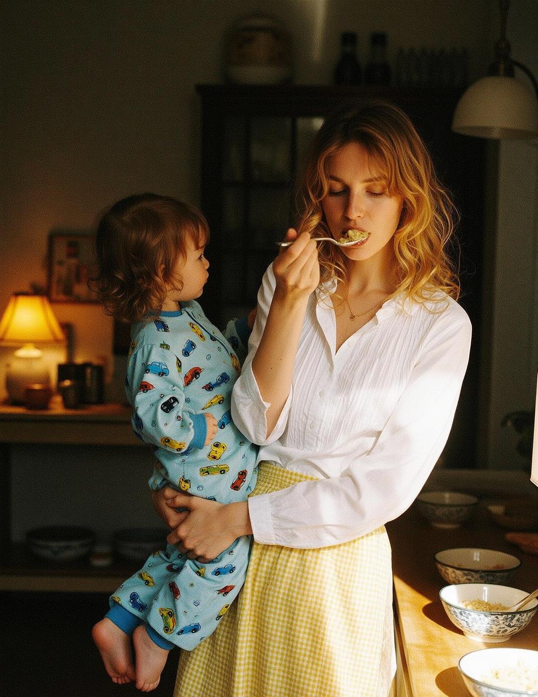 Mom Feeding Toddler White Shirt Yellow Apron
