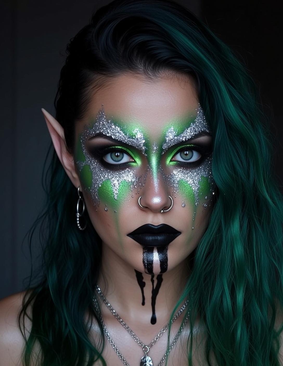 Halloween Makeup Young Long Wavy Dark Green