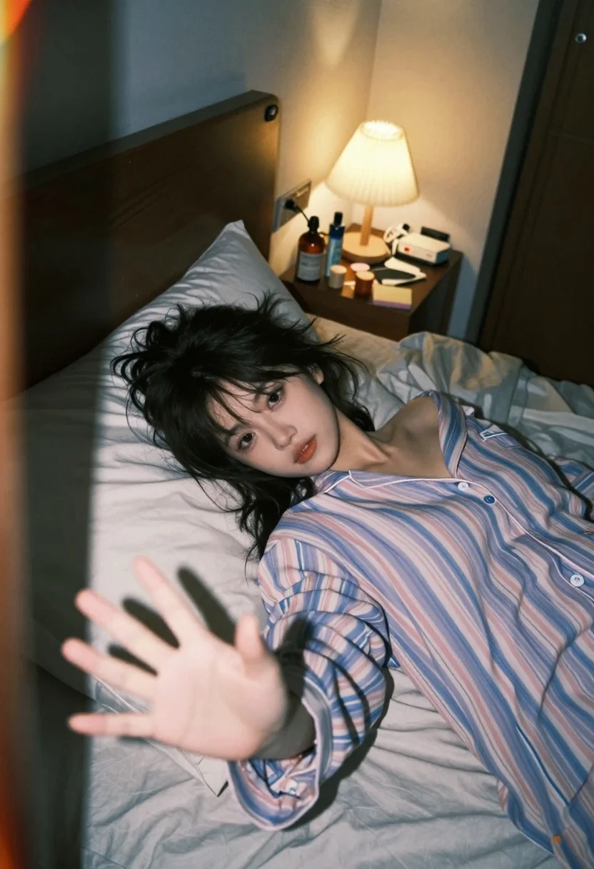 Young Woman With Dark Messy Hair Lying Bed Dimly Lit
