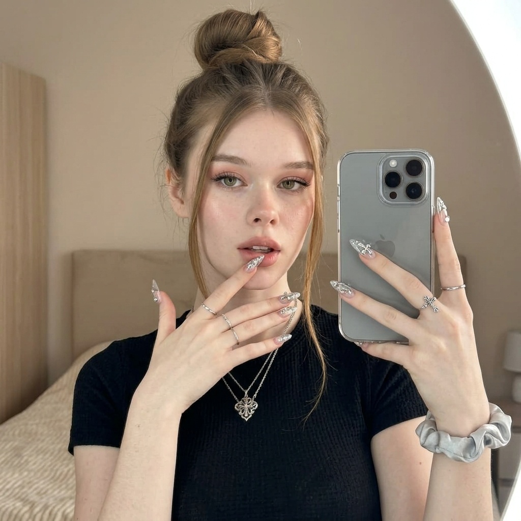Selfie Mirror High Bun Stiletto Nails