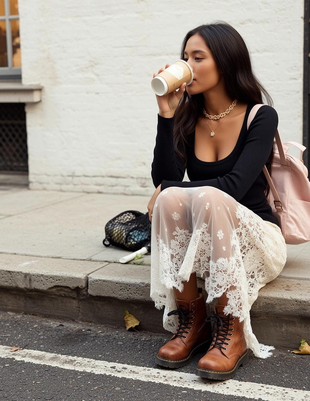 Black Top Lace Skirt Street