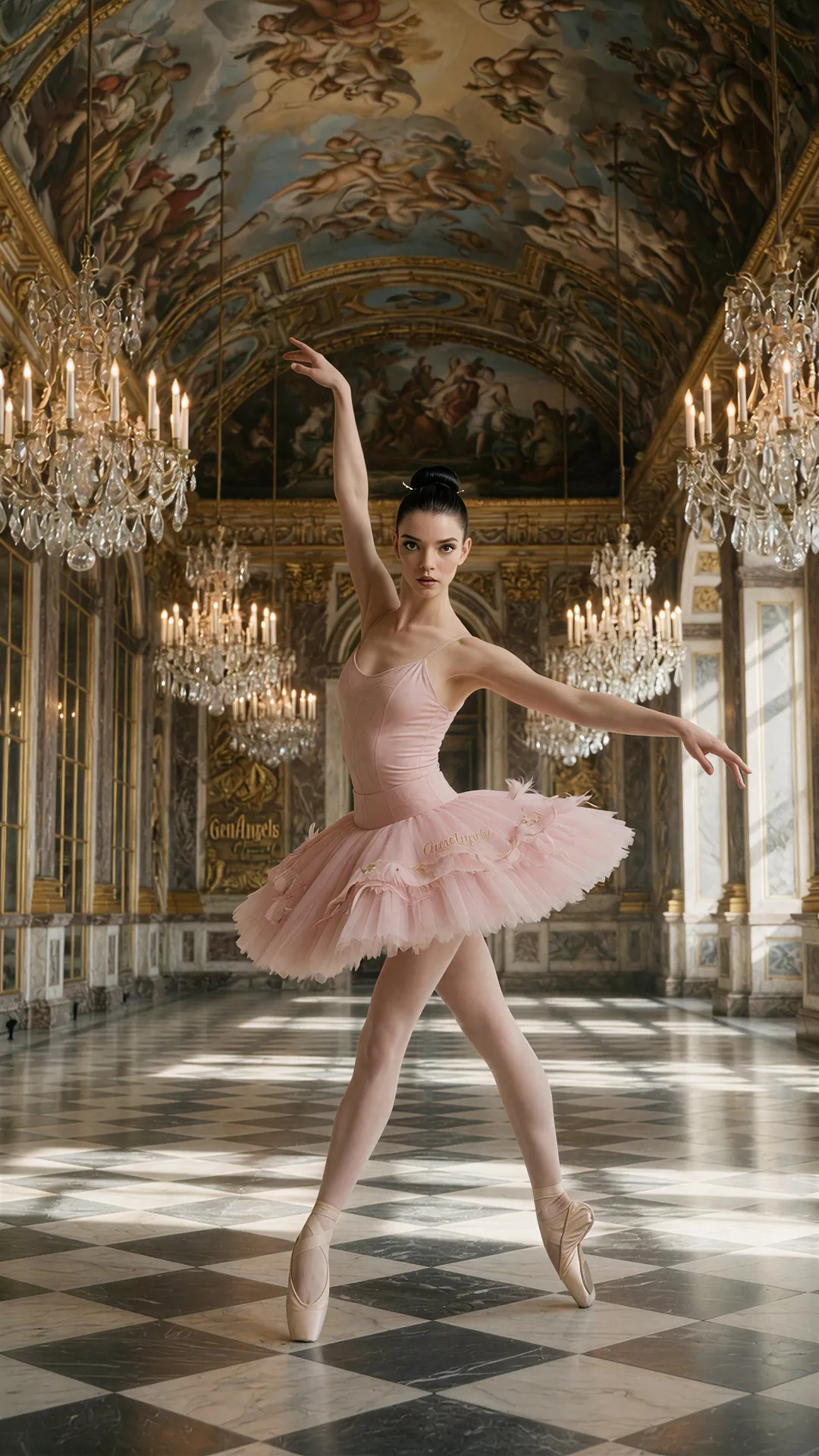 Ballet Dancer Grand Ballroom Arabesque Pose Crystal Chandeliers