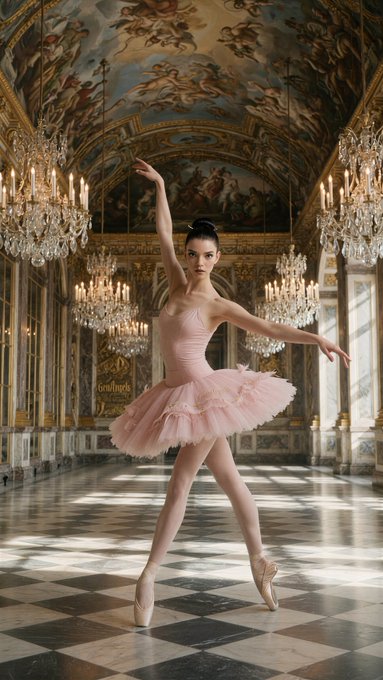 Ballet dancer in a pink tutu striking an arabesque pose under crystal chandeliers in a grand ballroom.