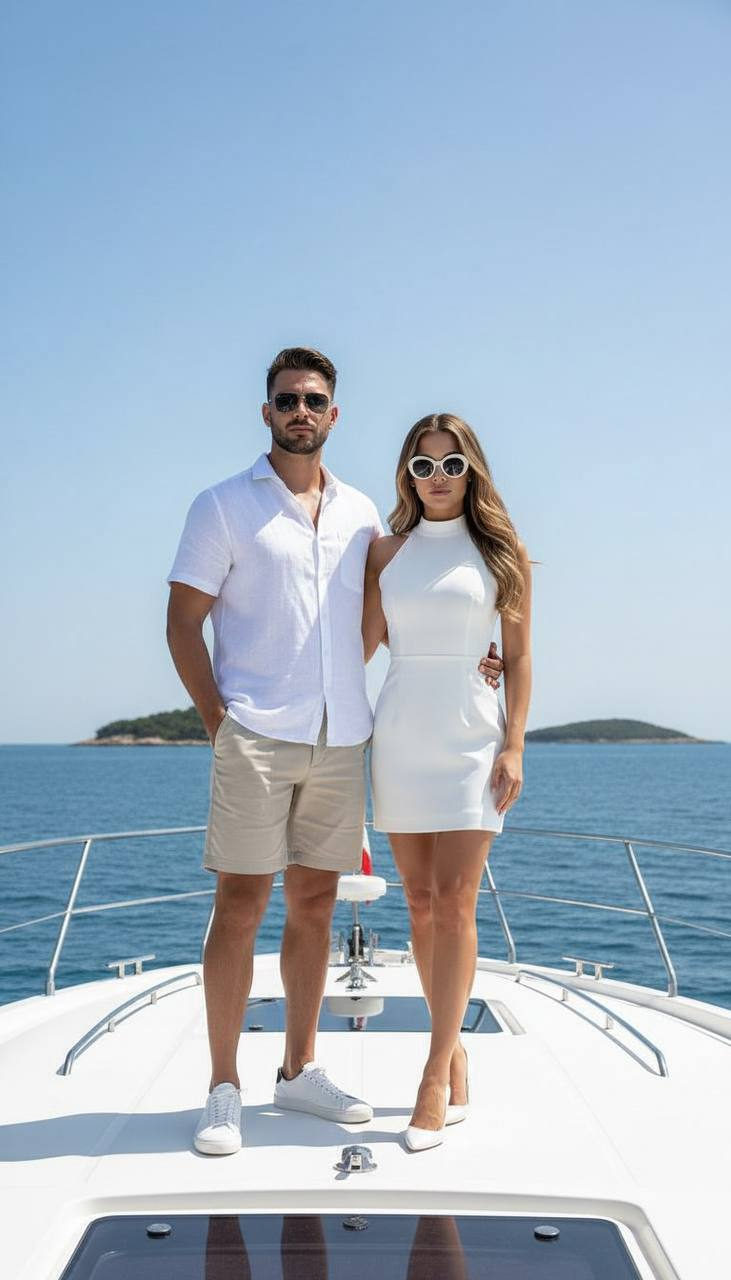 Stylish couple standing together on a yacht with small islands in the background, both relaxed and confident.