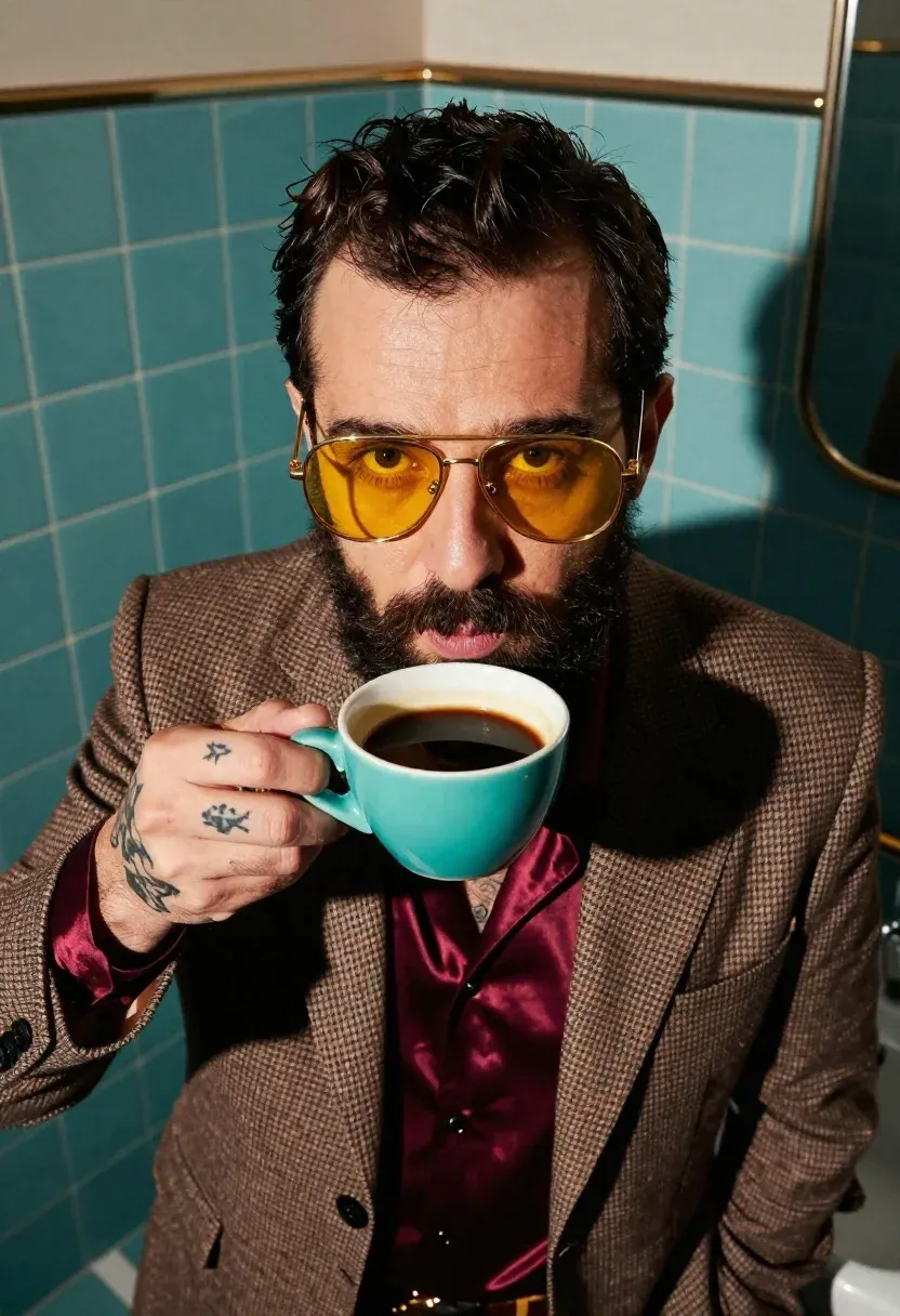 Close-up Portrait Man Holding Turquoise Coffee Cup Near His Face