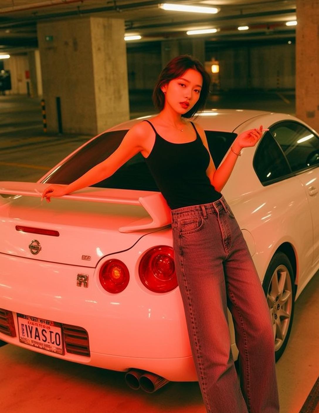 Black Tank Top Denim Shorts Parking Garage