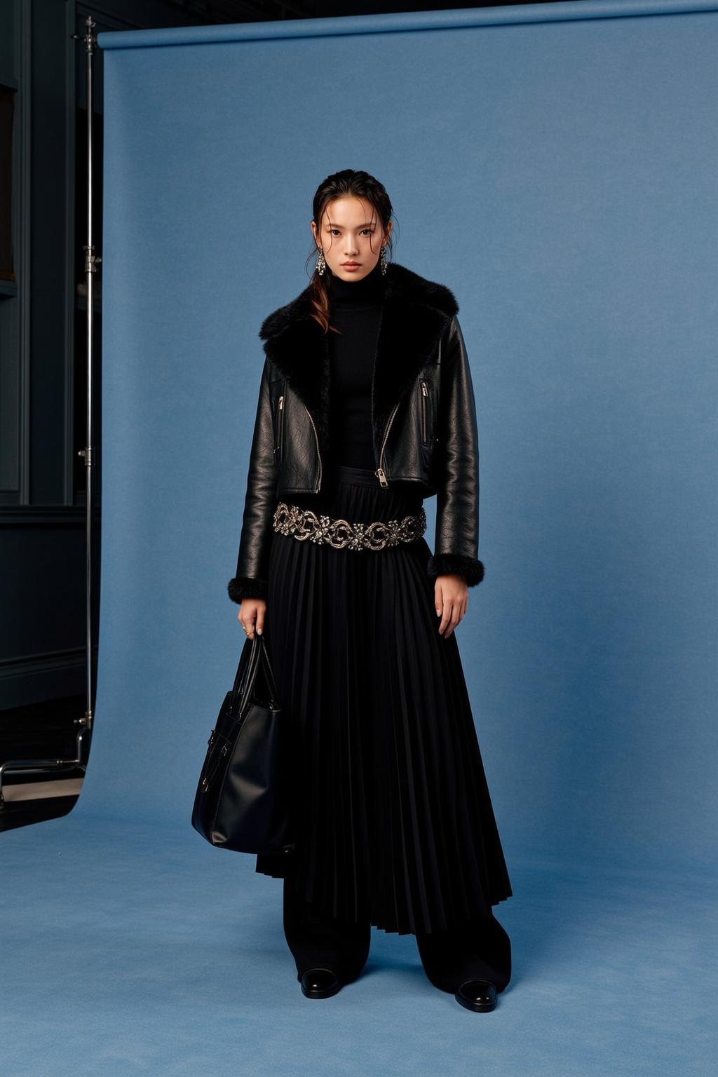 Fur Trim Jacket Blue Backdrop