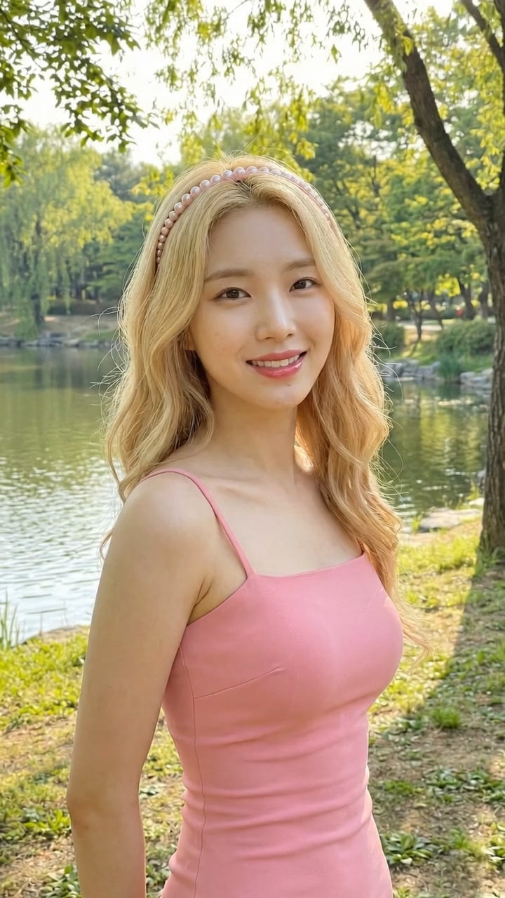 Pink Camisole Dress Park Portrait Dappled Sunlight