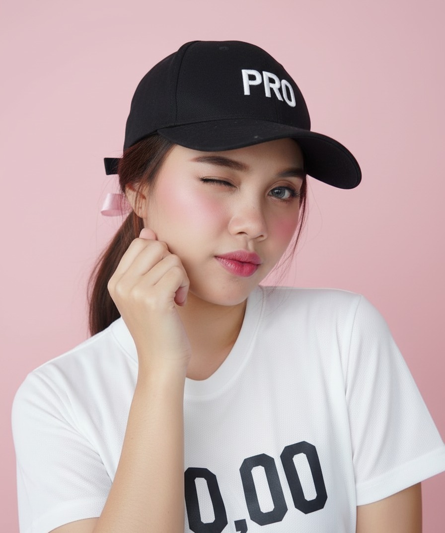 A confident young Asian woman in a black baseball cap and white shirt, winking playfully with long brown hair and pink bow, set against a soft pink background.