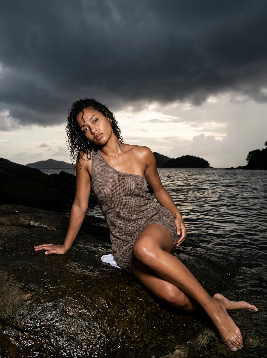 Tropical Night Fashion Portrait Seated On Wet Rock