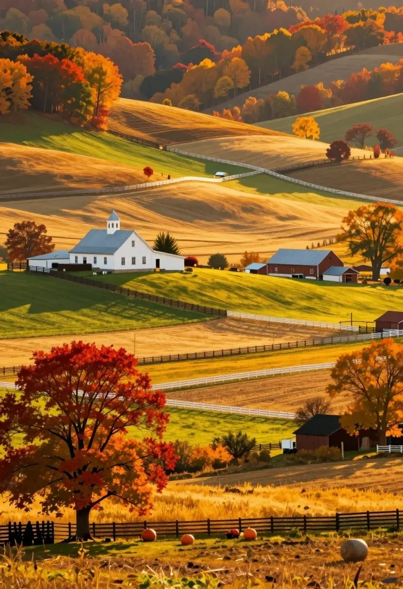 Vibrant Autumn Landscape Featuring Rolling Hills Large White Farmhouse With