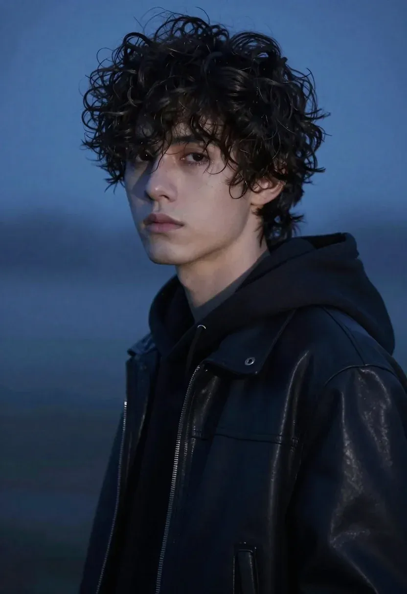 Cinematic Portrait Young Man With Dark Curly Hair And Serious