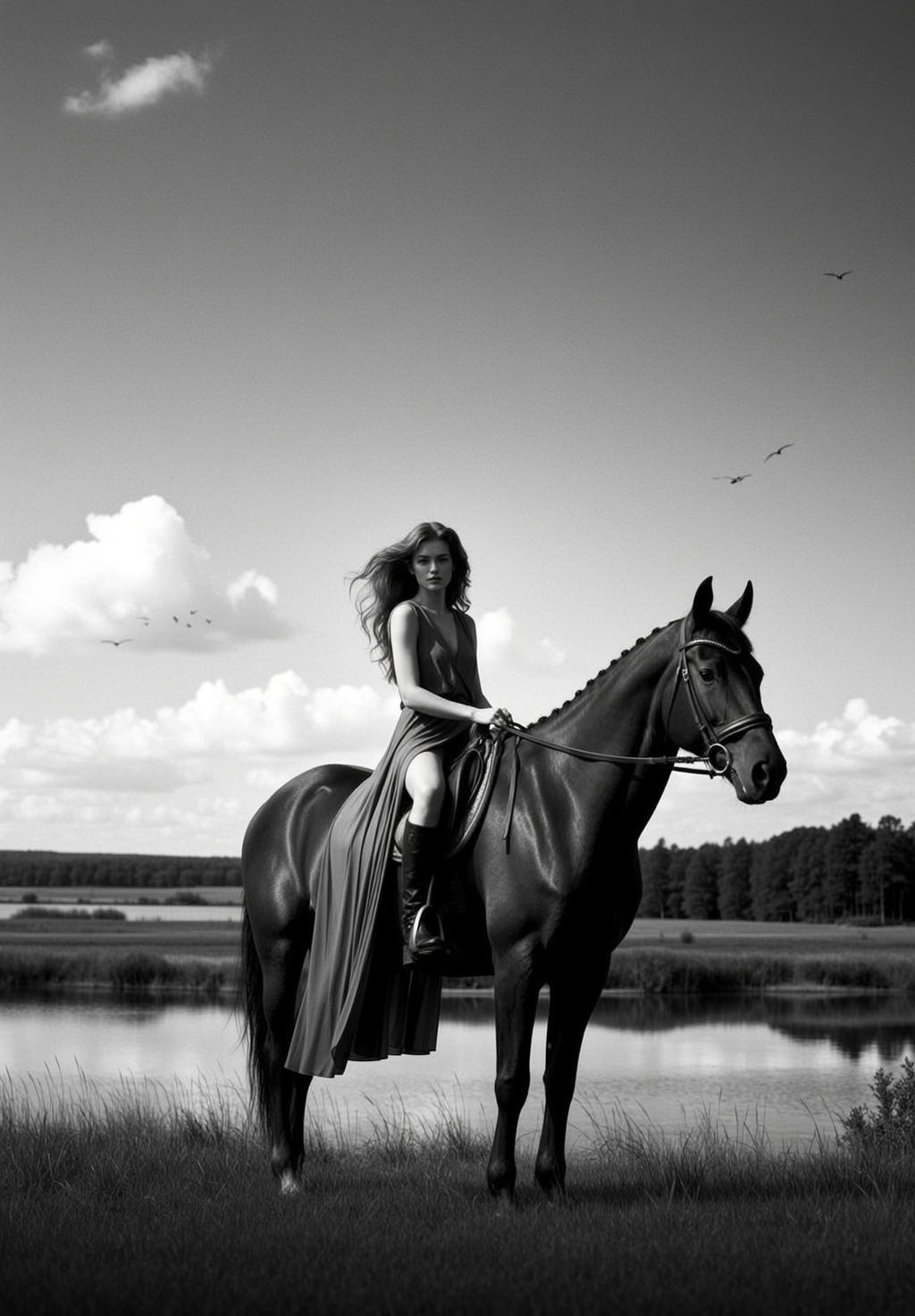 Cowgirl Seated Atop Dark Horse Her Body