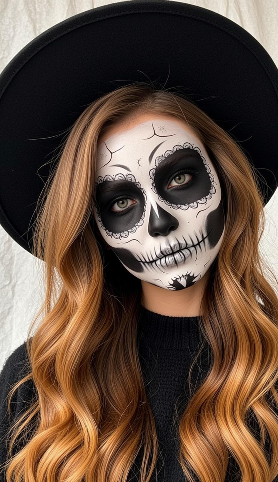 Halloween Makeup Sugar Skull Long Wavy Auburn