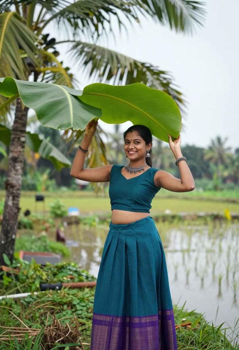Smiling Woman Stands Outdoors Holding Large Green Banana Leaf Over reference photo