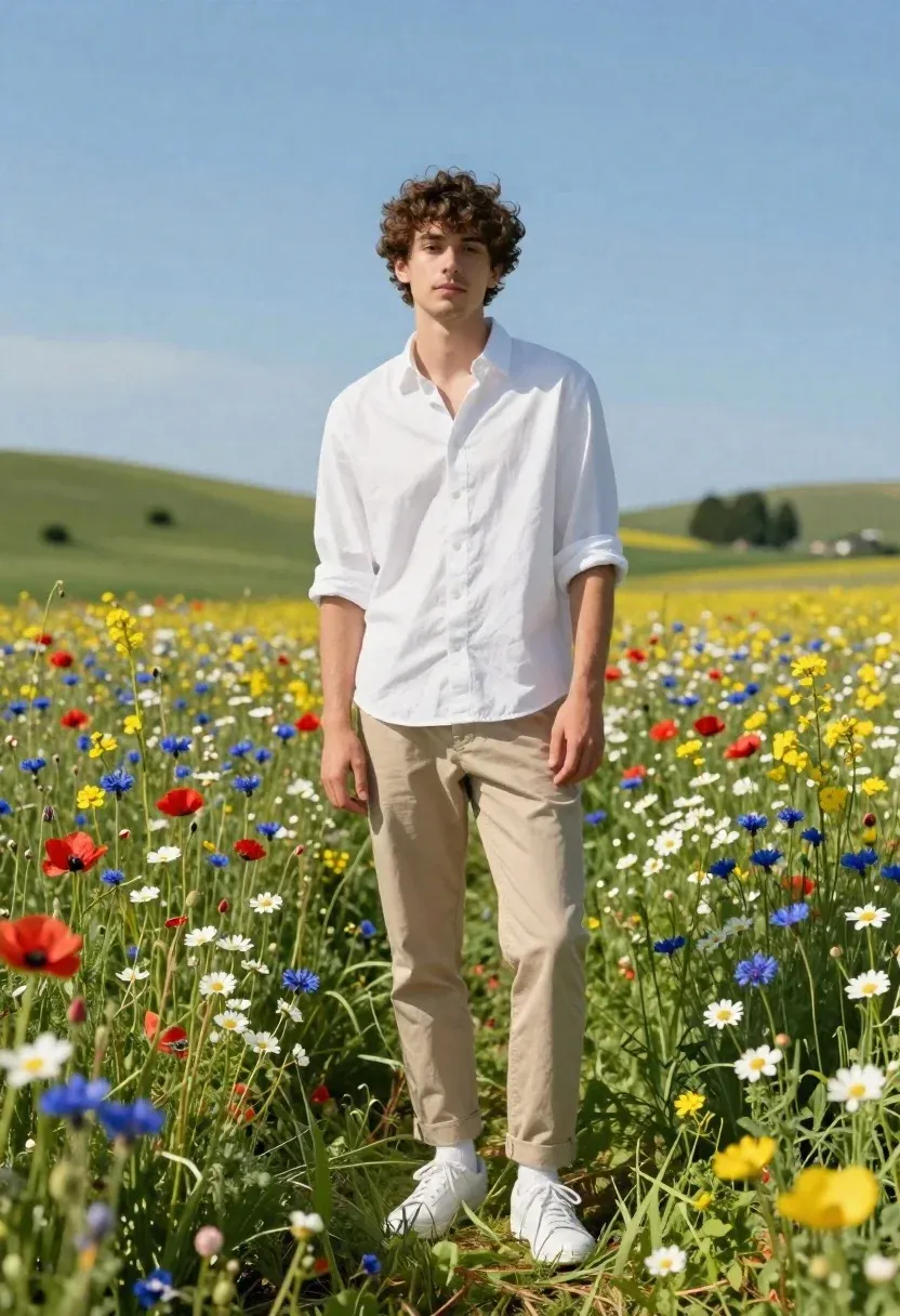 Young Man Stands Vibrant Meadow Filled With Colorful Wildflowers Under