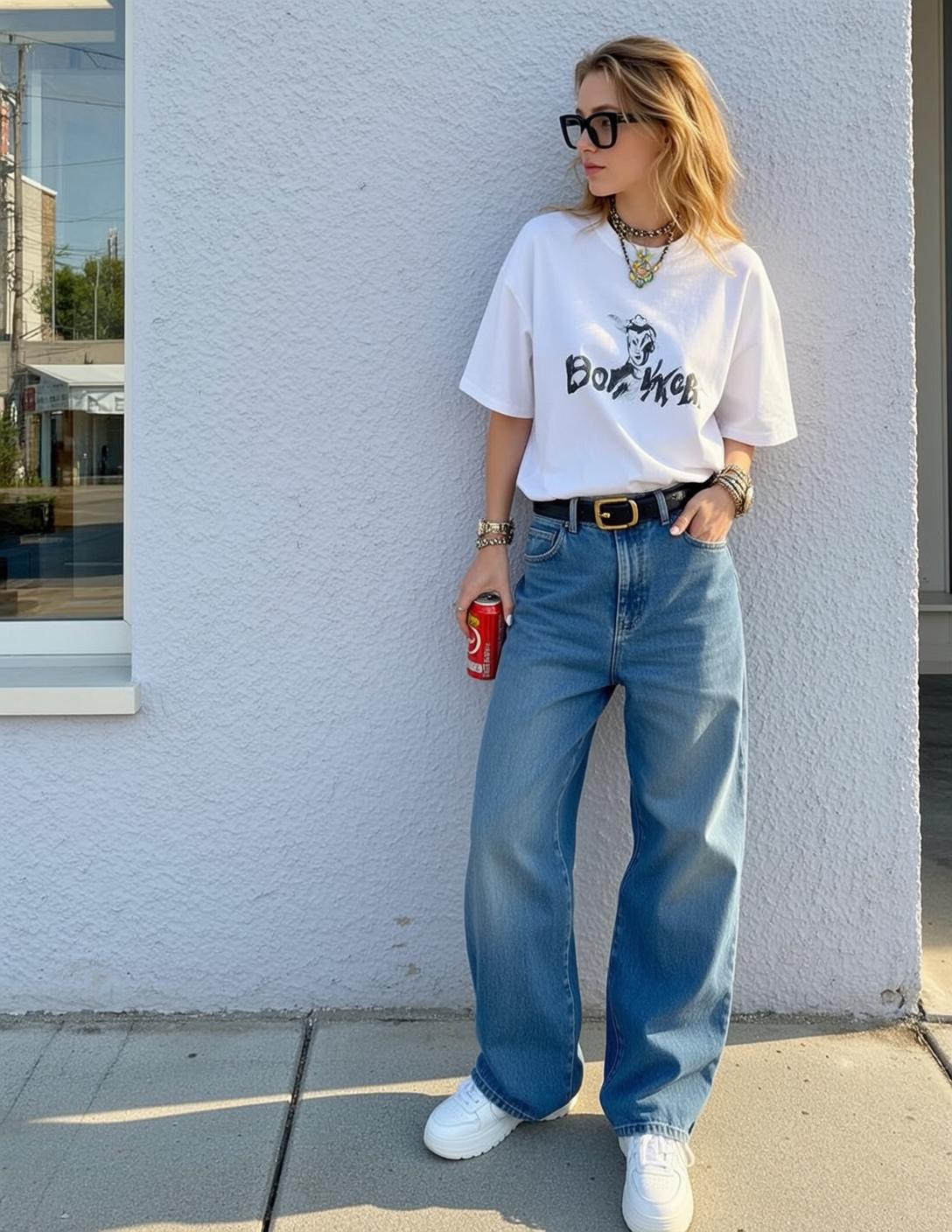 White Tee and Denim Jeans Street