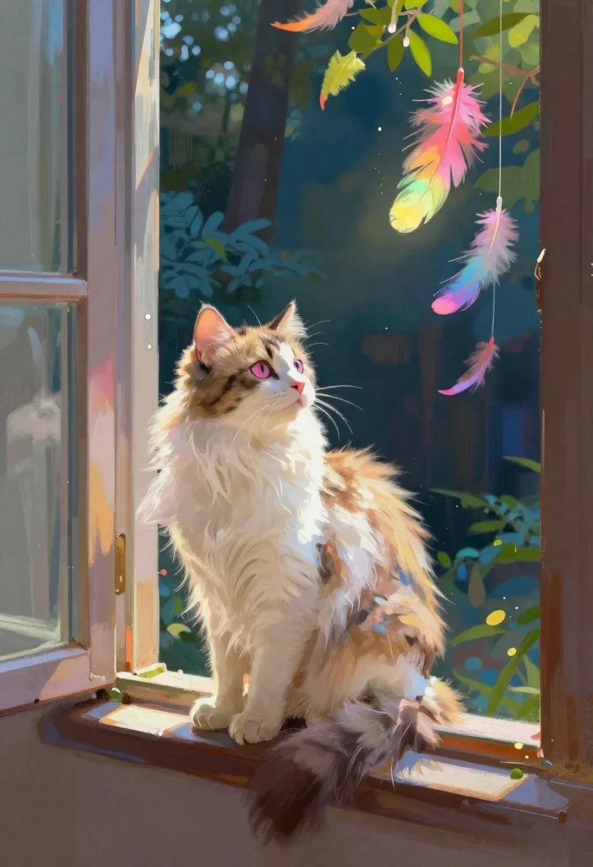 Digital Painting Fluffy Calico Cat Sitting Open Window Sill Subject