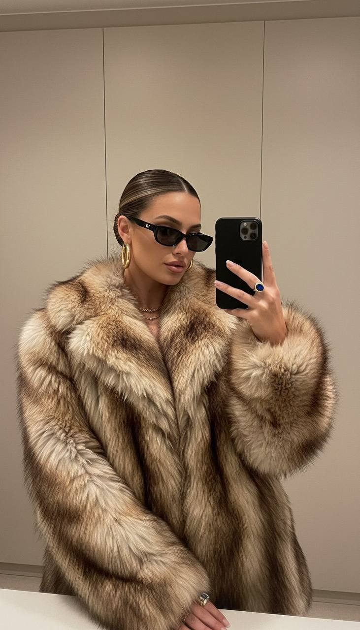 A stylish woman in a faux fur coat taking a mirror selfie in a dimly lit room with sunglasses on. The background has a soft beige tone.