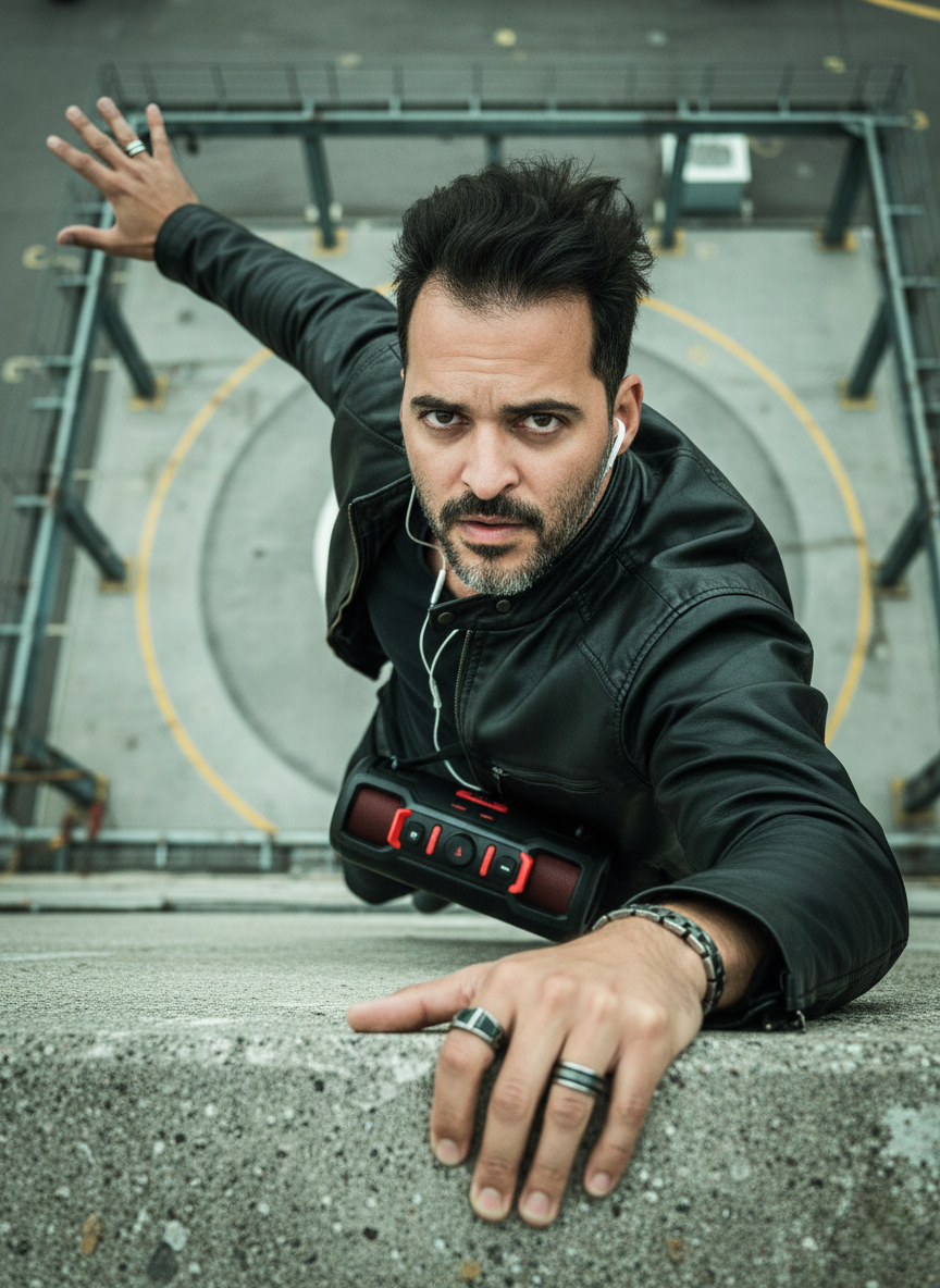 Um homem estiloso realizando parkour em uma pose dramática, com jaqueta de couro e braços estendidos, fundo urbano e estrutura metálica.