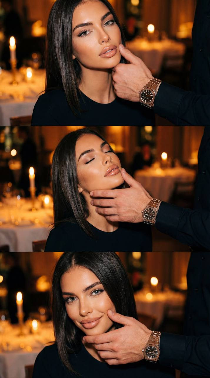 Close-up of a woman with glossy nude lips, a man's hand gently touching her cheek in warm candlelight.