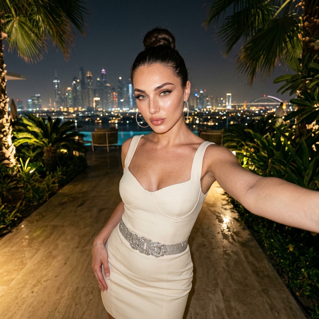 A woman in a form-fitting cream mini dress takes a selfie at a luxury terrace, with palm trees and a city skyline in the background.