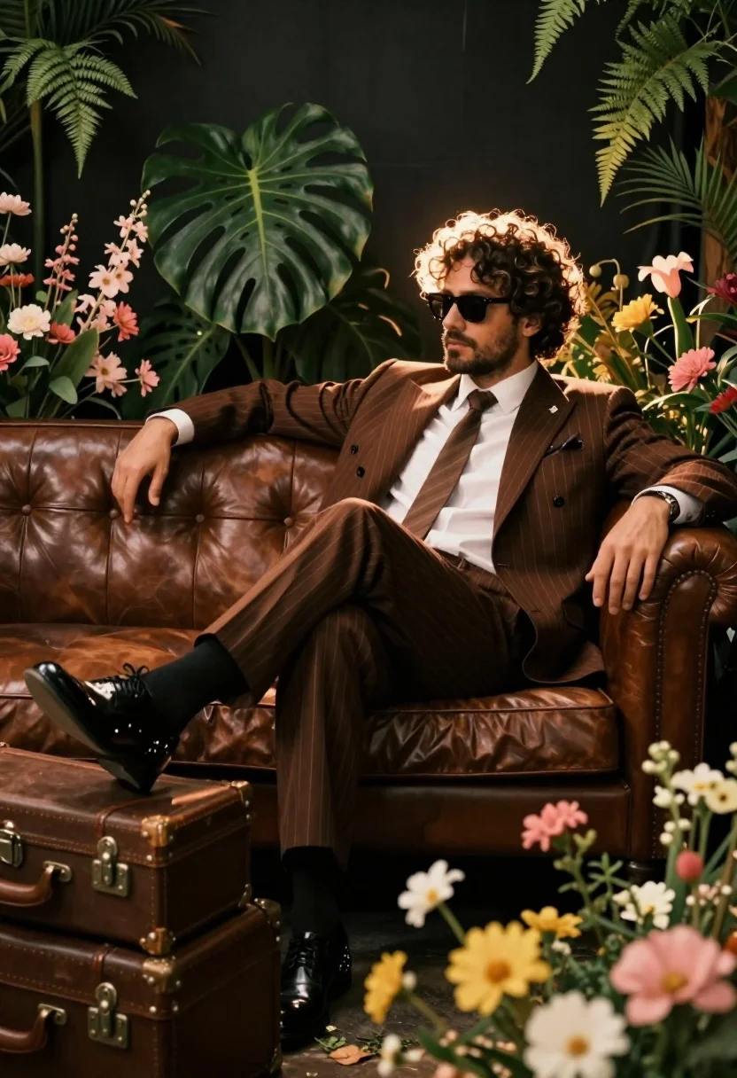 Man With Curly Hair And Sunglasses Lounges Confidently Brown Leather