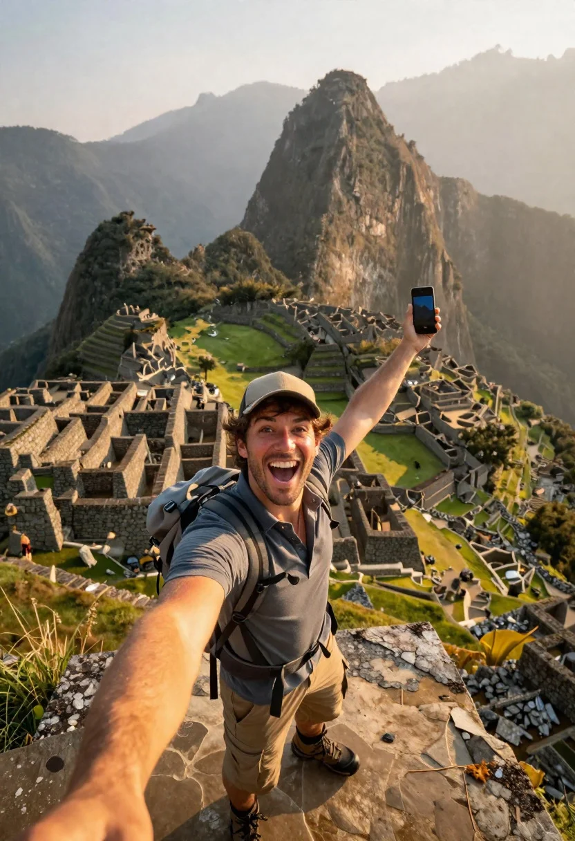 Endless Inca Wonder Selfie Scene Exhilarated Tourist Man Atop Peru reference photo