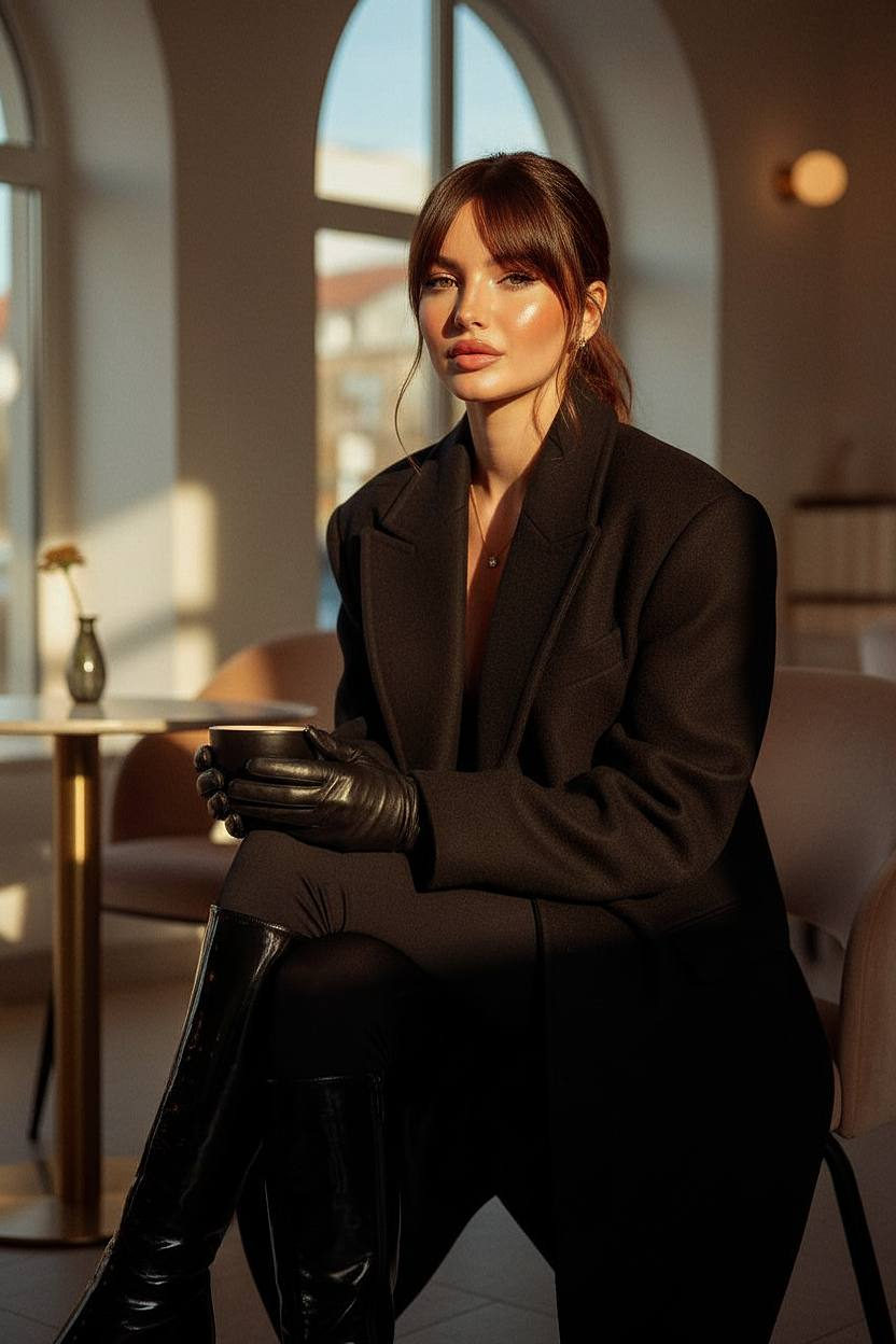 Cinematic fashion portrait of a woman in a cozy café, holding a coffee cup, illuminated by soft morning light.