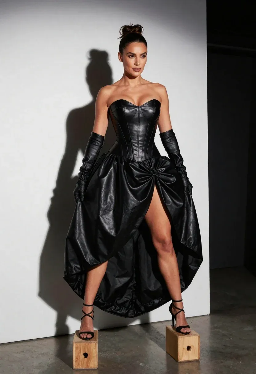 Confident Woman Stands Studio Setting Wearing Black Leather Strapless Dress