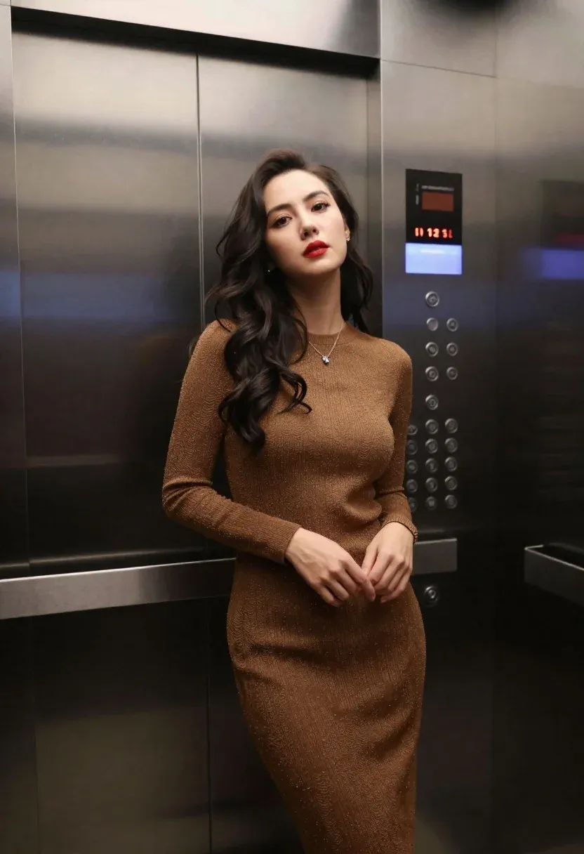 Woman Stands Inside Modern Elevator Wearing Shimmering Brown Knit Dress