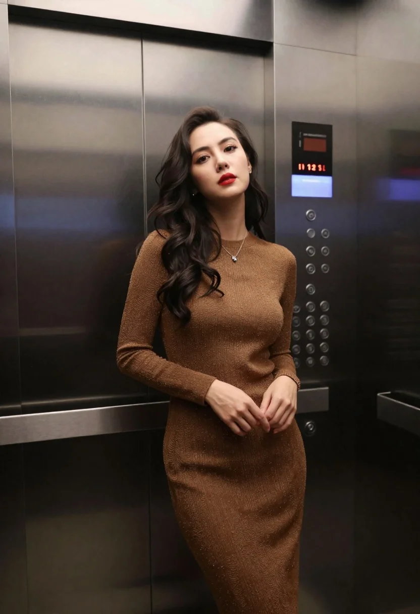 Woman Stands Inside Modern Elevator Wearing Shimmering Brown Knit Dress reference photo