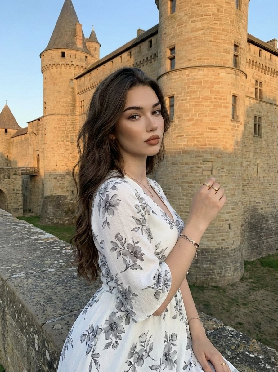 A young woman sitting on a stone ledge in a summer dress at a castle during golden hour.