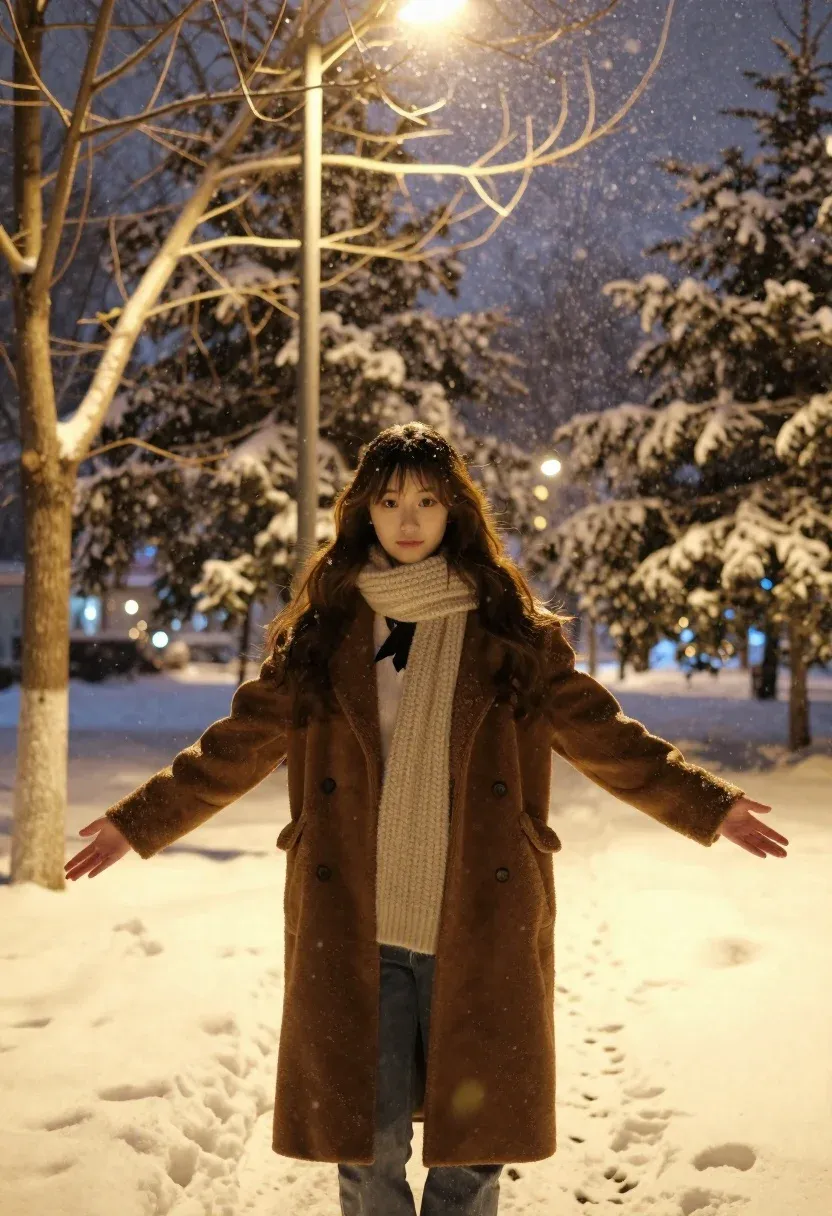Young Woman Stands Snowy Park Night With Her Arms Outstretched