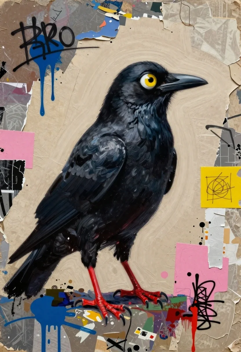 Mixed-media Collage Painting Featuring Surreal Black Bird With Oversized Human reference photo