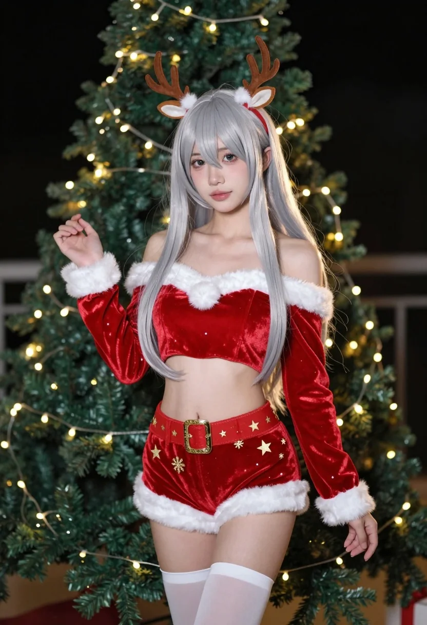 Young Woman With Long Silver Hair Stands Front Christmas Tree