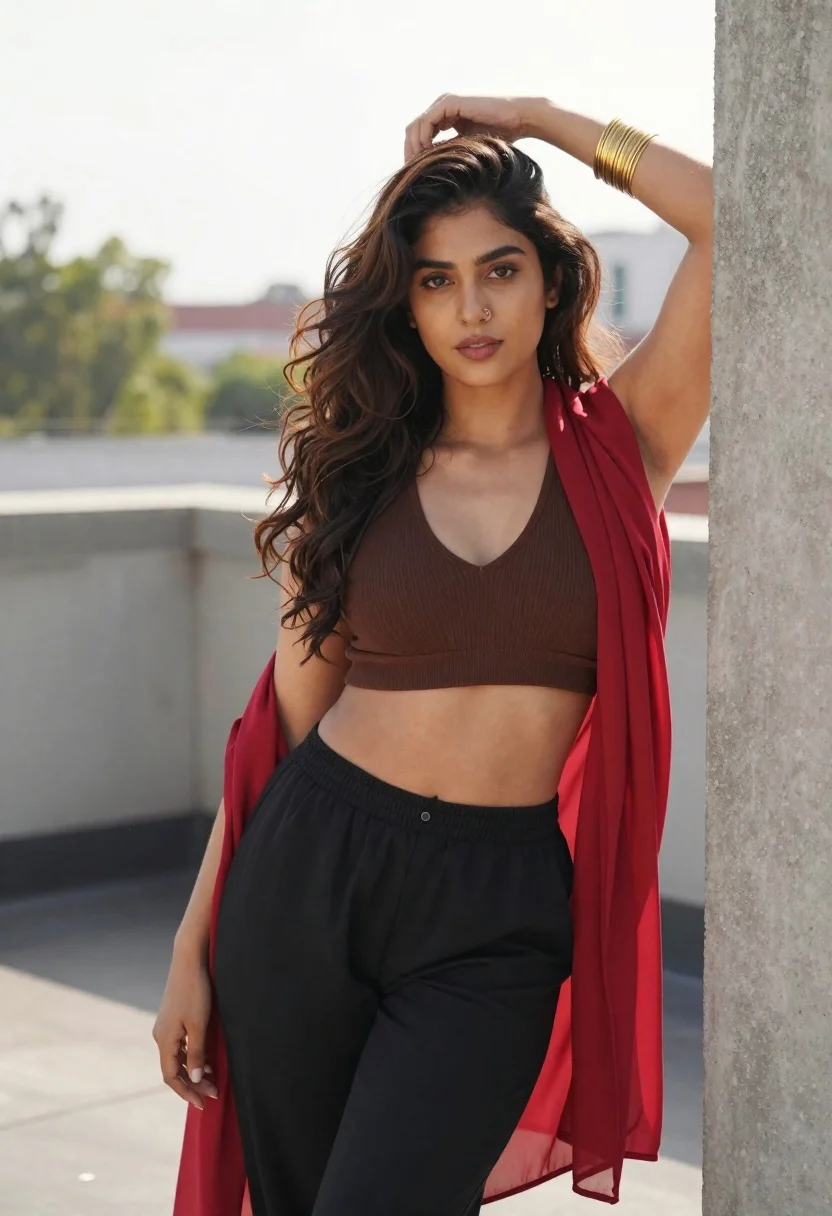 Confident Young Woman With Long Dark Wavy Hair Stands Rooftop reference photo