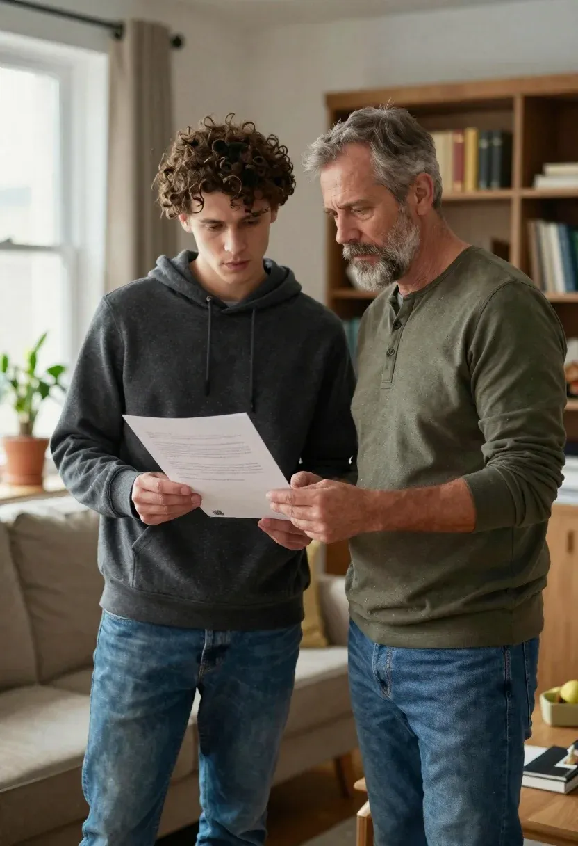 Two Men Stand Side Side Cozy Living Room Both Looking