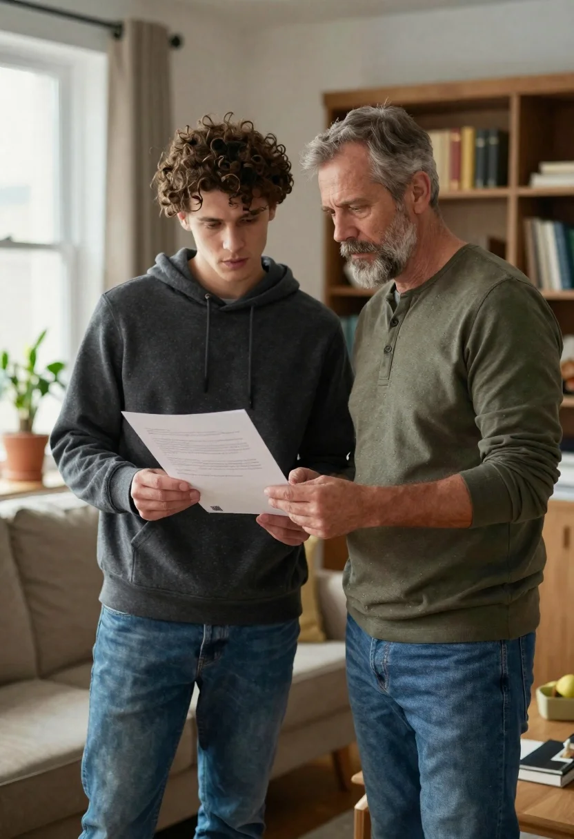 Two men standing in a cozy living room, gazing down at a white document, with soft natural light enhancing their features.