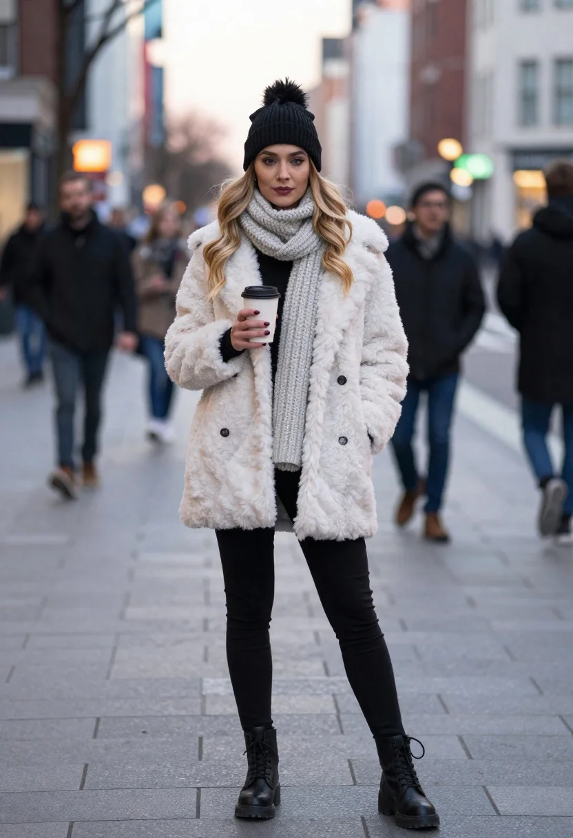 Young Woman Stands Confidently Bustling City Street Dusk Holding Coffee reference photo